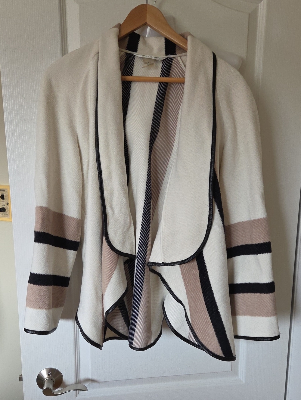 Open-Front Cream Draped Cardigan with Black and Taupe Stripes 22 PTP X 29 LONG